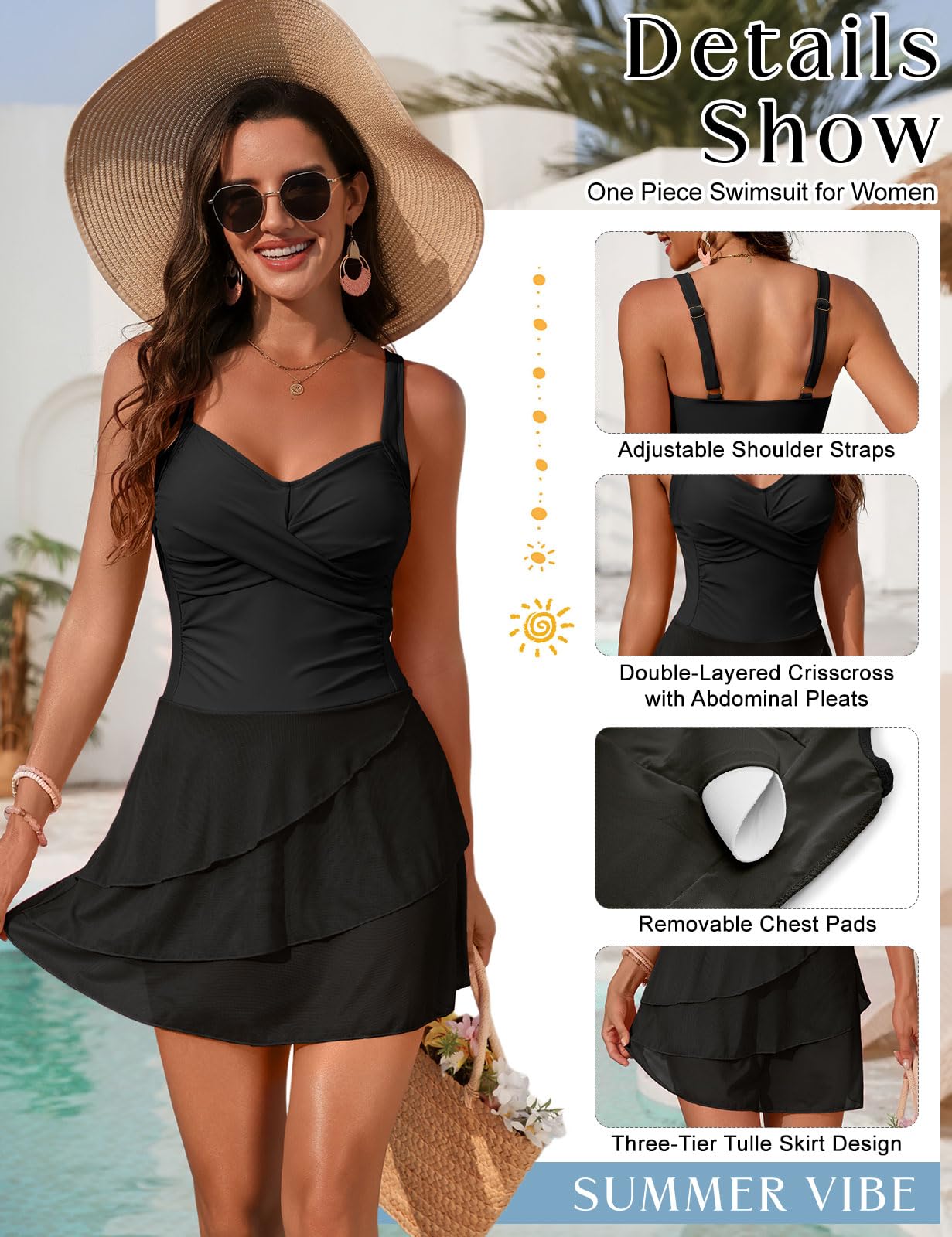Wiepux Women's One Piece Swimsuit Tummy Control Ruched Swim Dress Modest Bathing Suit Beach Vacation Swimwear(Black,L)