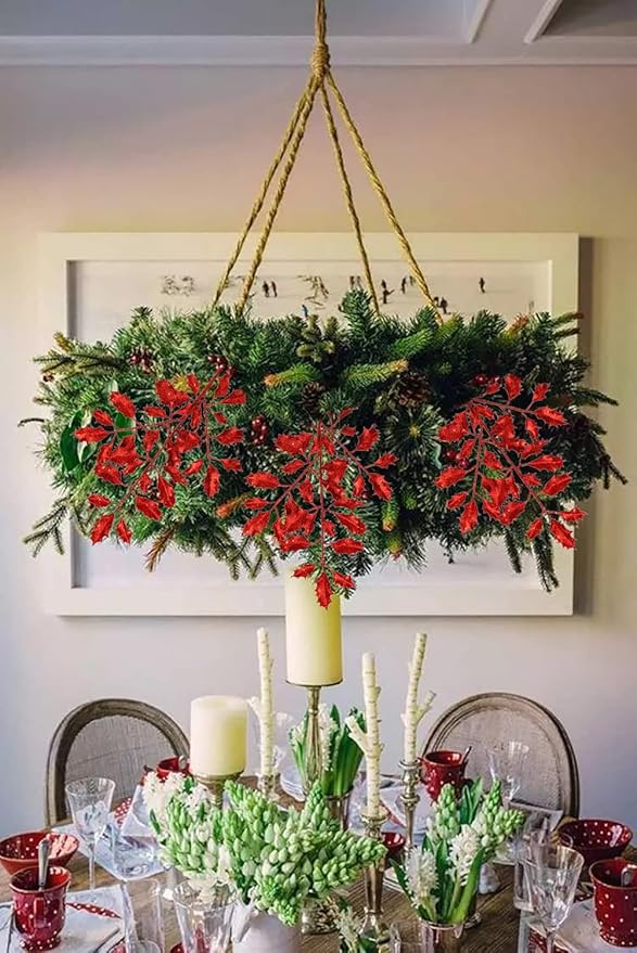 DILATATA 6Pcs Christmas Glitter Leaves Holly Leaves 23" Artificial Red Holly Leaf Picks Sprays Giltter Stems for Christmas Tree DIY Xmas Wreath Garland Home Decor - Red