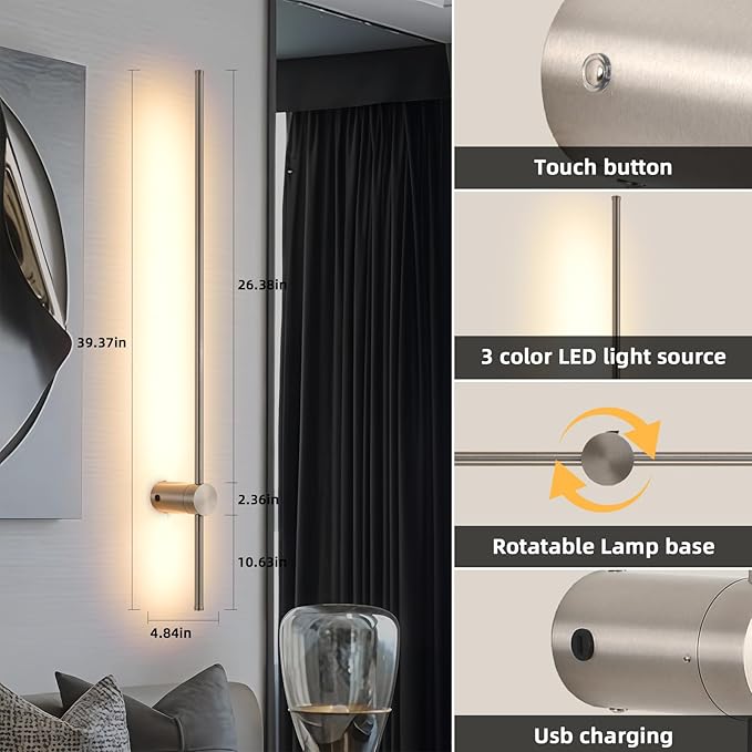 Battery Operated Wall Sconces with Remote, Dimmable 3000K-6000K/Timer/Memory LED Wall Lamp, 350°Rotate, USB Rechargeable Wireless wall lights for Living Room, Bedroom Brushed Nickel 39.3" (2 Pack)