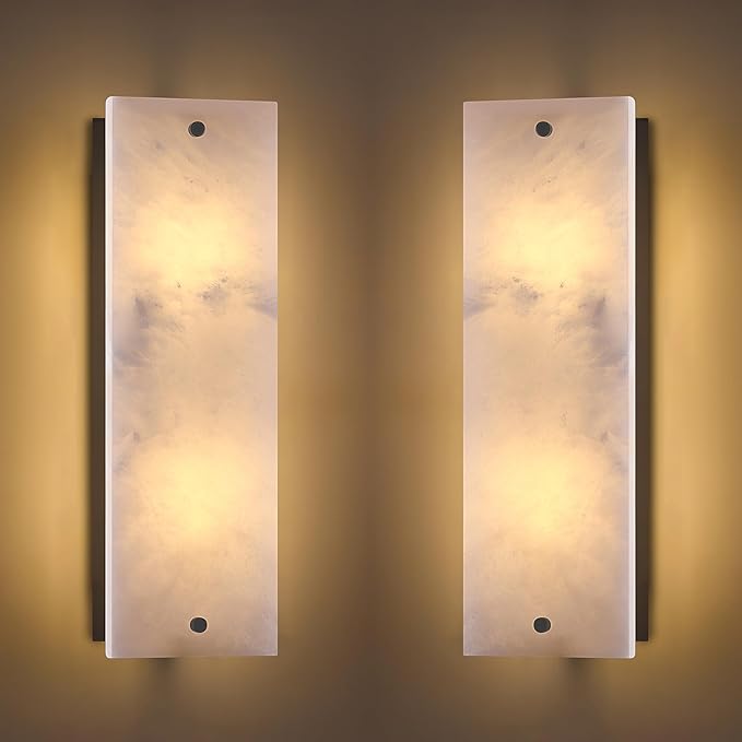2 Pack 2 Light 17.2" Alabaster Marble Bathroom Wall Sconce Modern Concise Style Wall Light Fixture,Black Finish for Bedroom Hallway Bedside