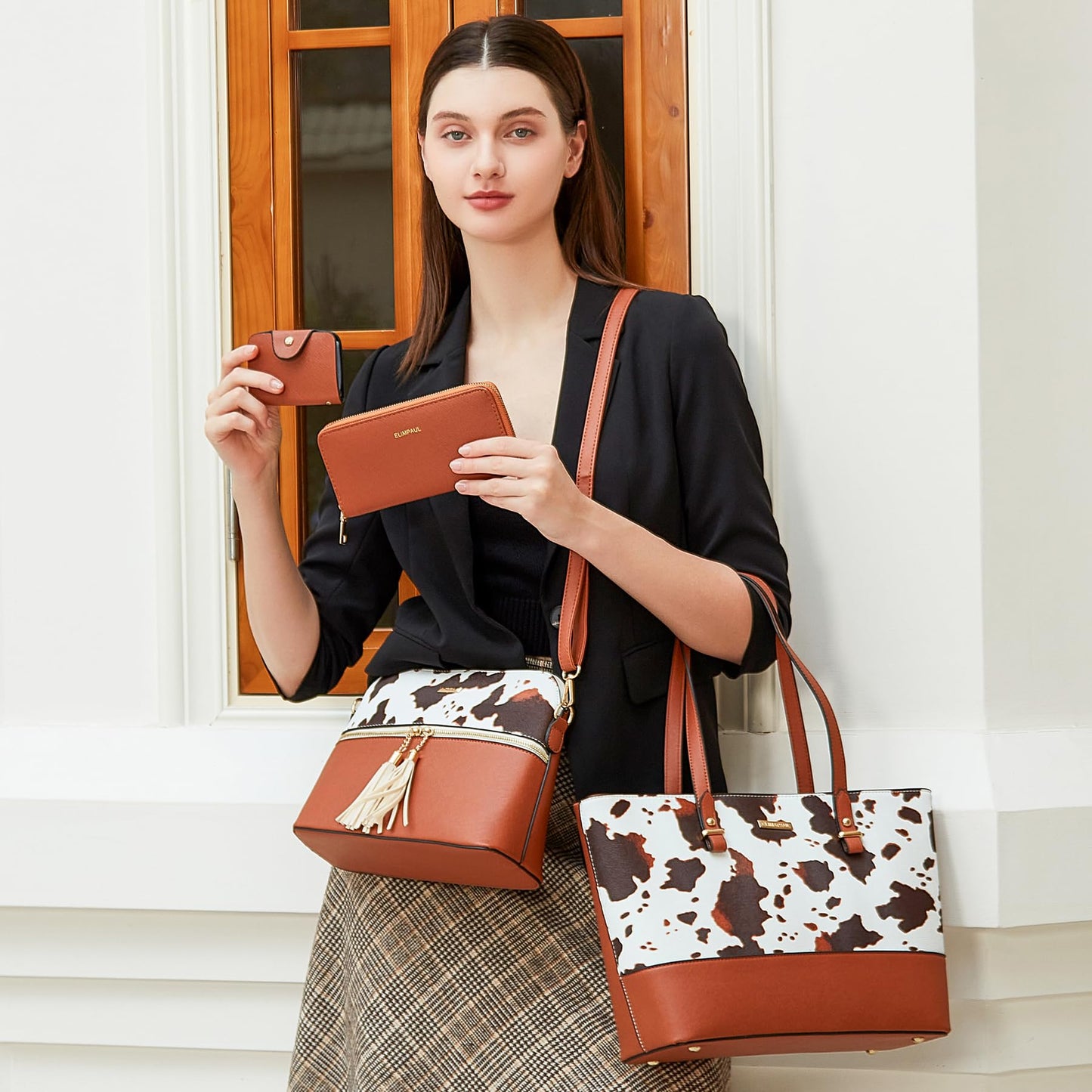 Women Fashion Handbags Wallet Tote Bag Shoulder Bag Top Handle Satchel Cow Print Purse Set 4pcs