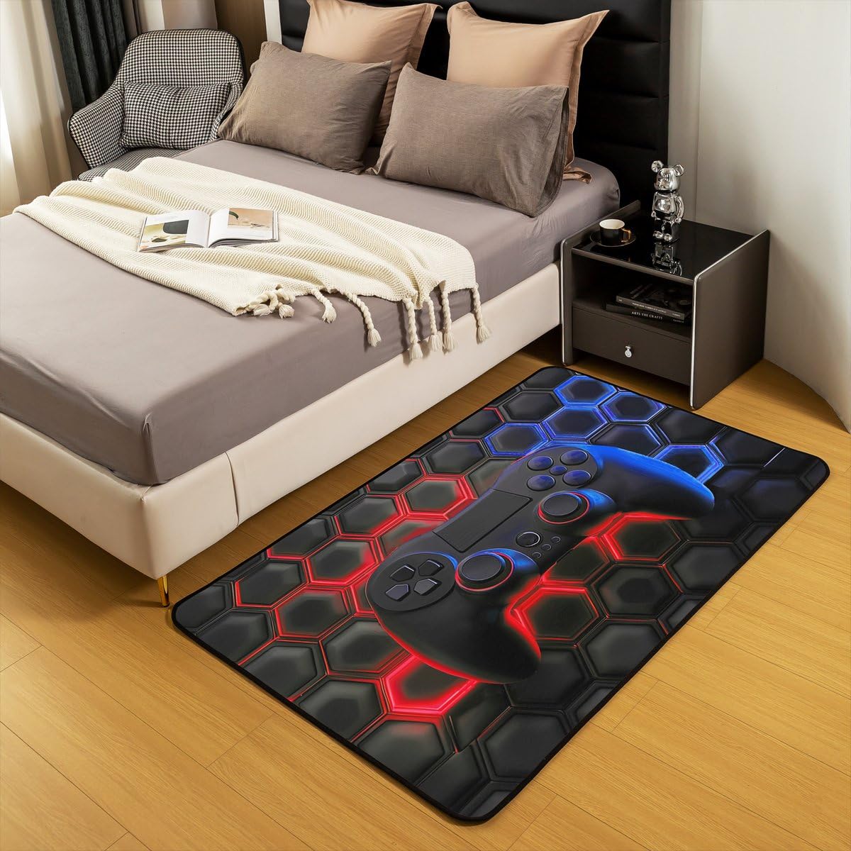 Erosebridal Game Console Rectangular Decorative Washable Rug for Boys Girls Kids,Space Universe Gaming Area Rug 3x5,Video Games Carpet,Game Room Decor Indoor Floor Mat Red Blue Honeycomb