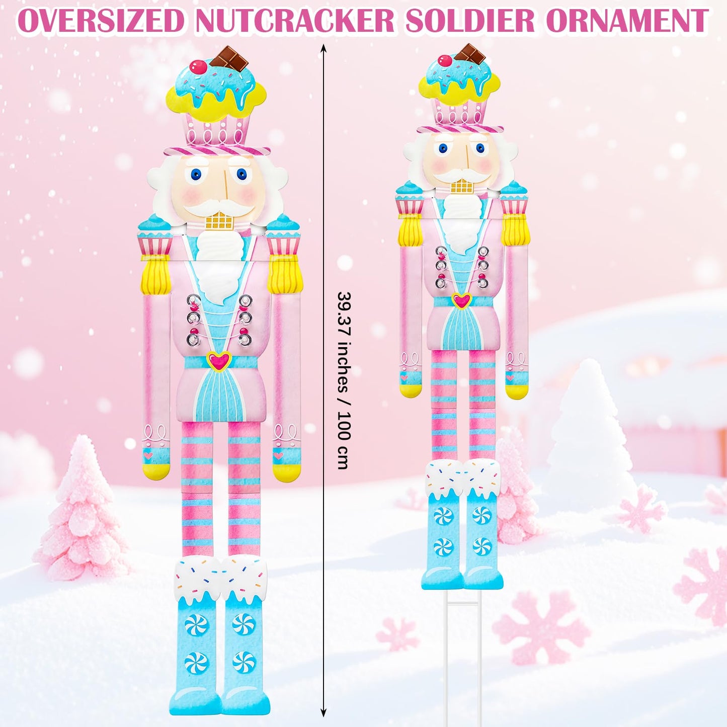 GlikCeil 39'' Outdoor Pre-lit Christmas Pink Nutcracker Yard Sign Candy Cane Theme Yard Nutcracker Large Metal Windproof Rainproof Solar Garden Stake for Xmas Outside Party Patio Home Pathway