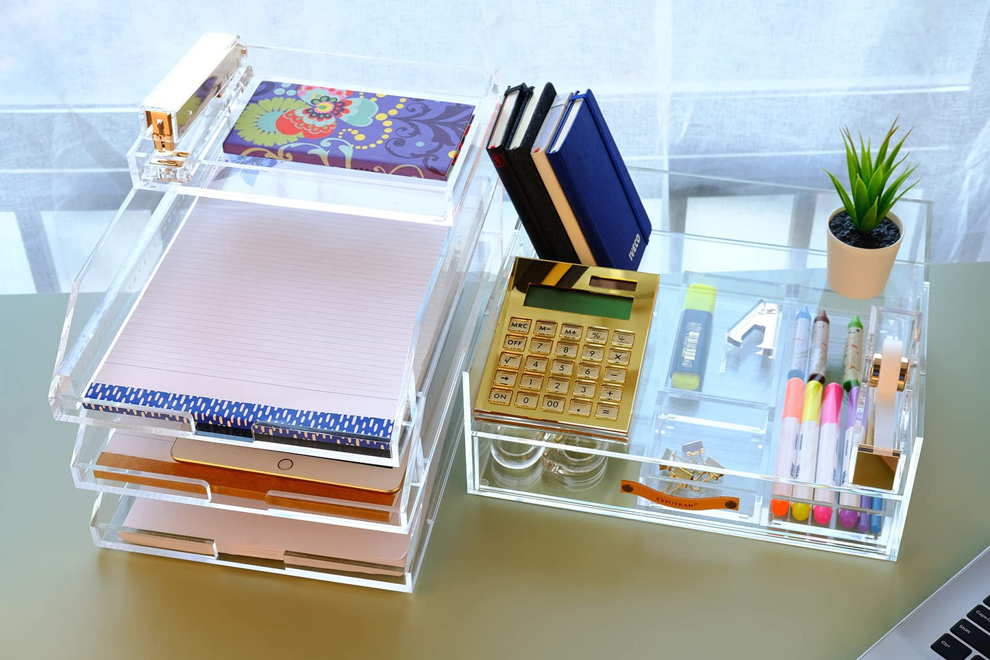 EXPUTRAN Clear Acrylic Desk Organizer for Office or Home Desk Drawer Dividers, Makeup Vanity Storage Bins, Stackable 4-Pack, Acrylic Accessory and Half Accessory Tray/Small Tray