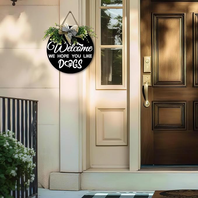 Welcome We Hope You Like Dogs Sign Dog Round Signs for Front Door with Bow and Wreath Farmhouse Bones Hanging Sign or Dogs Lovers Spring Summer Seasonal Decor Housewarming Gift 12 Inch