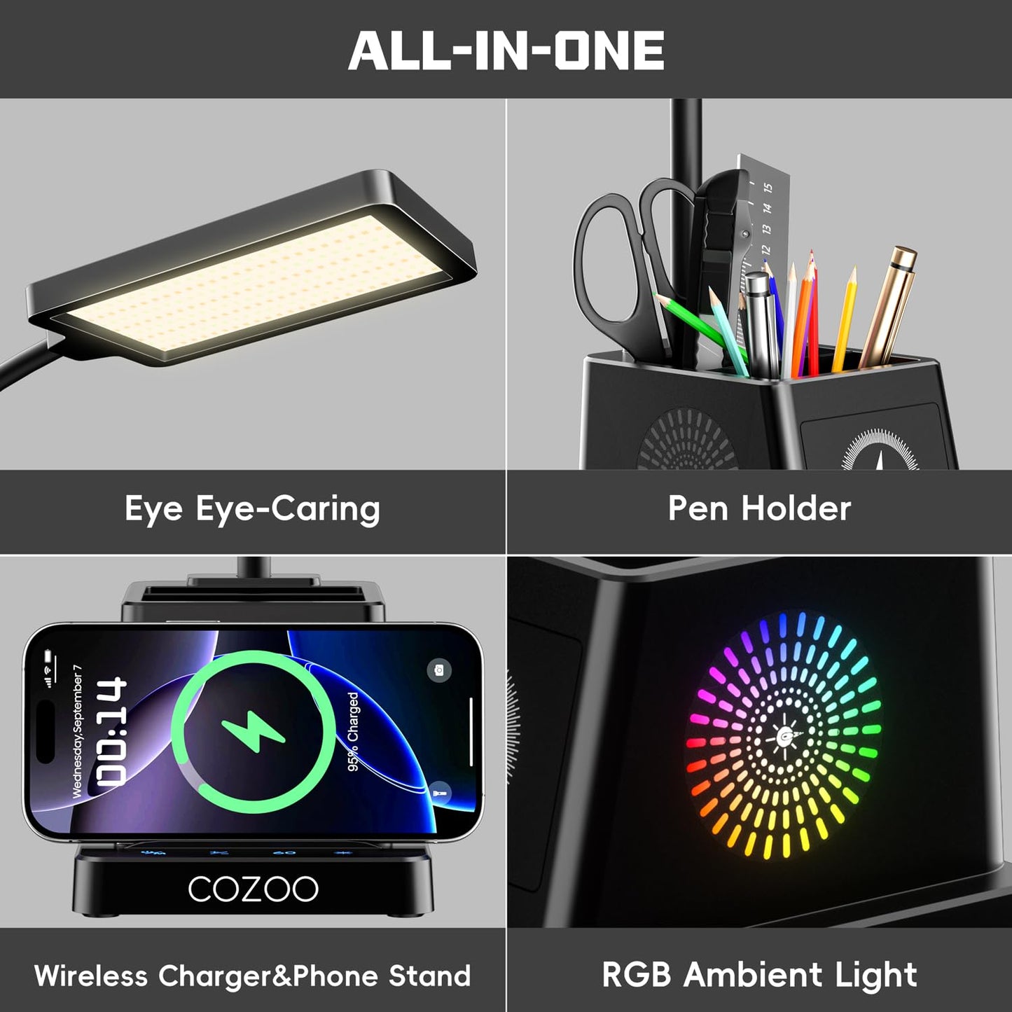 cozoo LED Desk Lamp for Home Office, 15W Bright Desk Light with Wireless Charger Pen Holder, Gooseneck Small Table Lamp for Bedroom, Study, Reading, Work, Task, Craft, College Dorm Room Accessories