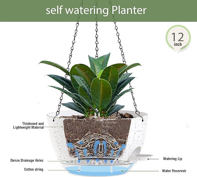 12 Inch Hanging Baskets 2 PC with Chains, Self-Watering Hanging Planters for Indoor Outdoor Plants, Plastic Hanging Flower Pots,Speckled White