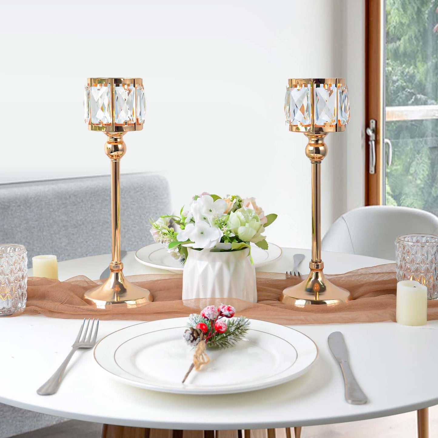 2 Piece Crystal Bowl Tealight Candelabra Votive Candle Stands, Wedding centerpieces for Tables Crystal Candlestick，Centerpiece Table Decorations (Gold 2PS)