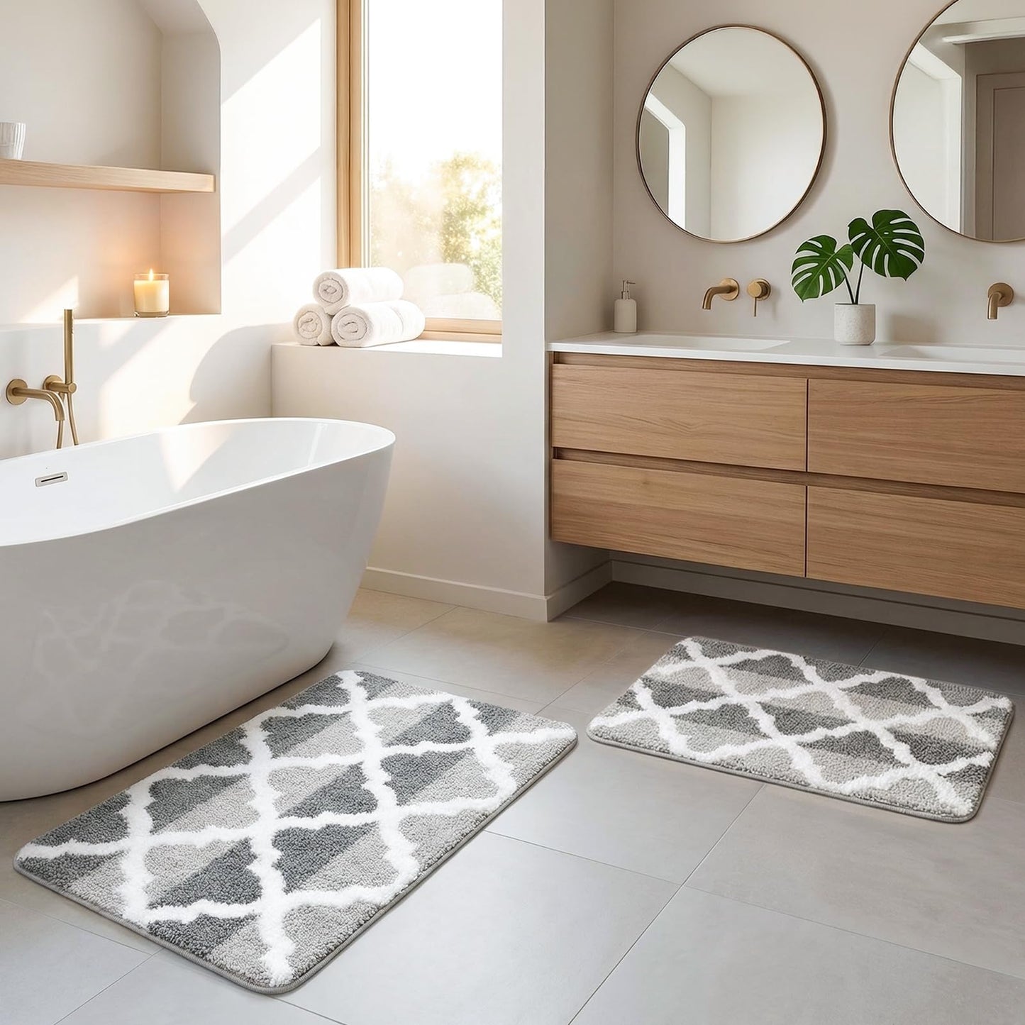 Arttown Dark and Light Grey Trellis Bathroom Rug Set 2 Piece Fluffy Microfiber Non-Slip Water Absorbent Bath Mat Soft Washable for Tub Showers Laundry Room Decor (16"x24"+20"x32")