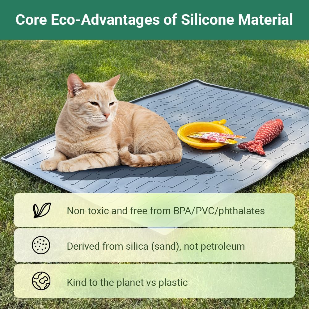 IRRESTRICO Cat Litter Mat, Large 32'' x 24'' Silicone Litter Box Mat for Litter Trapping, Waterproof, Non-Slip, Easy to Clean, Grey