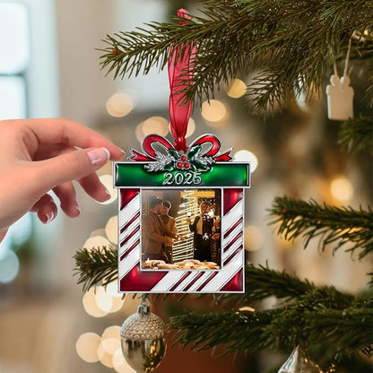 2025 Christmas Tree Ornaments Picture Frame Ornament- Made of Zinc Alloy Glitter Powder Pendant 2.5 Inch Picture Frame for Pet and Baby Holiday Keepsake Gift(Gift Bag,2025)