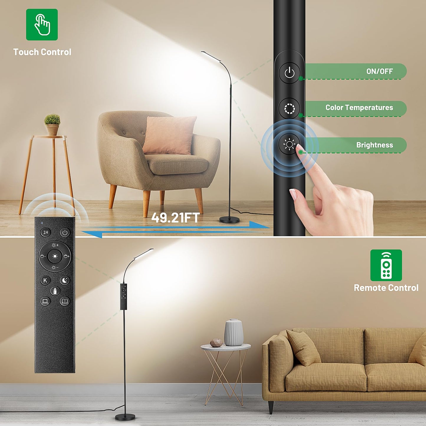 Yikuneng Dimmable LED Floor Lamp, Super Bright Reading Lamps Floor Standing lamp with Remote & Touch Control, Stepless Dimming & 2700K-6500K Color Temperature, for Living Room Bedroom Office, Black