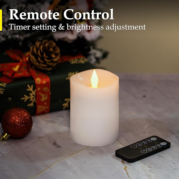 Flameless Candles with Flickering Flame & Remote Timer - 3×4'' Battery Operated LED Pillar Candles,Realistic Fake Candles for seasonl/Christmas/Wedding Decor (White, 1-Pack)