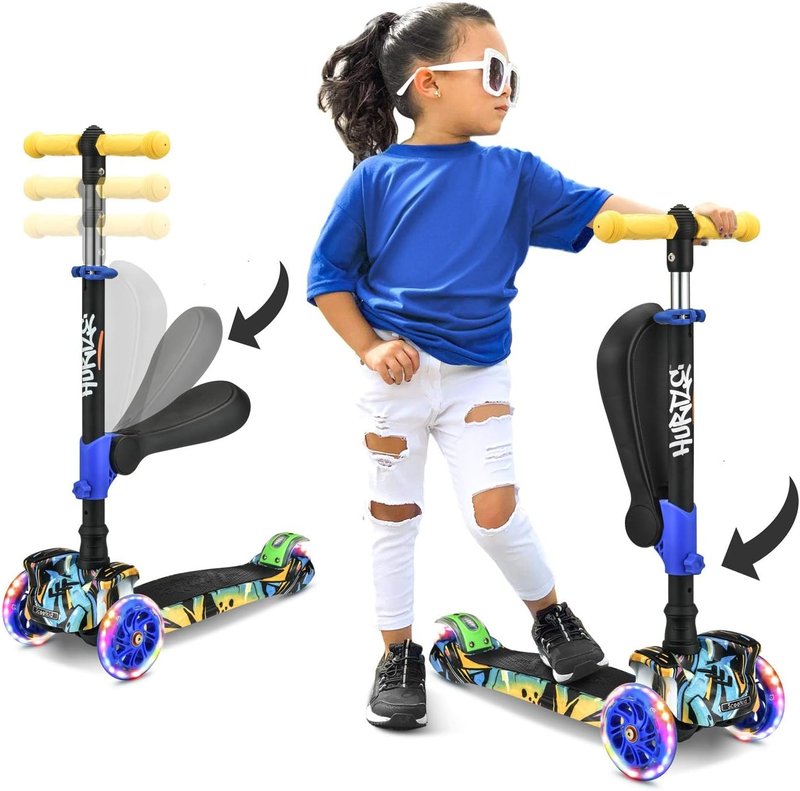 Kids Scooter - Adjustable Height 3-Wheel Kick Scooter with Foldable Seat & Flashing Lights | For Ages 1-12
