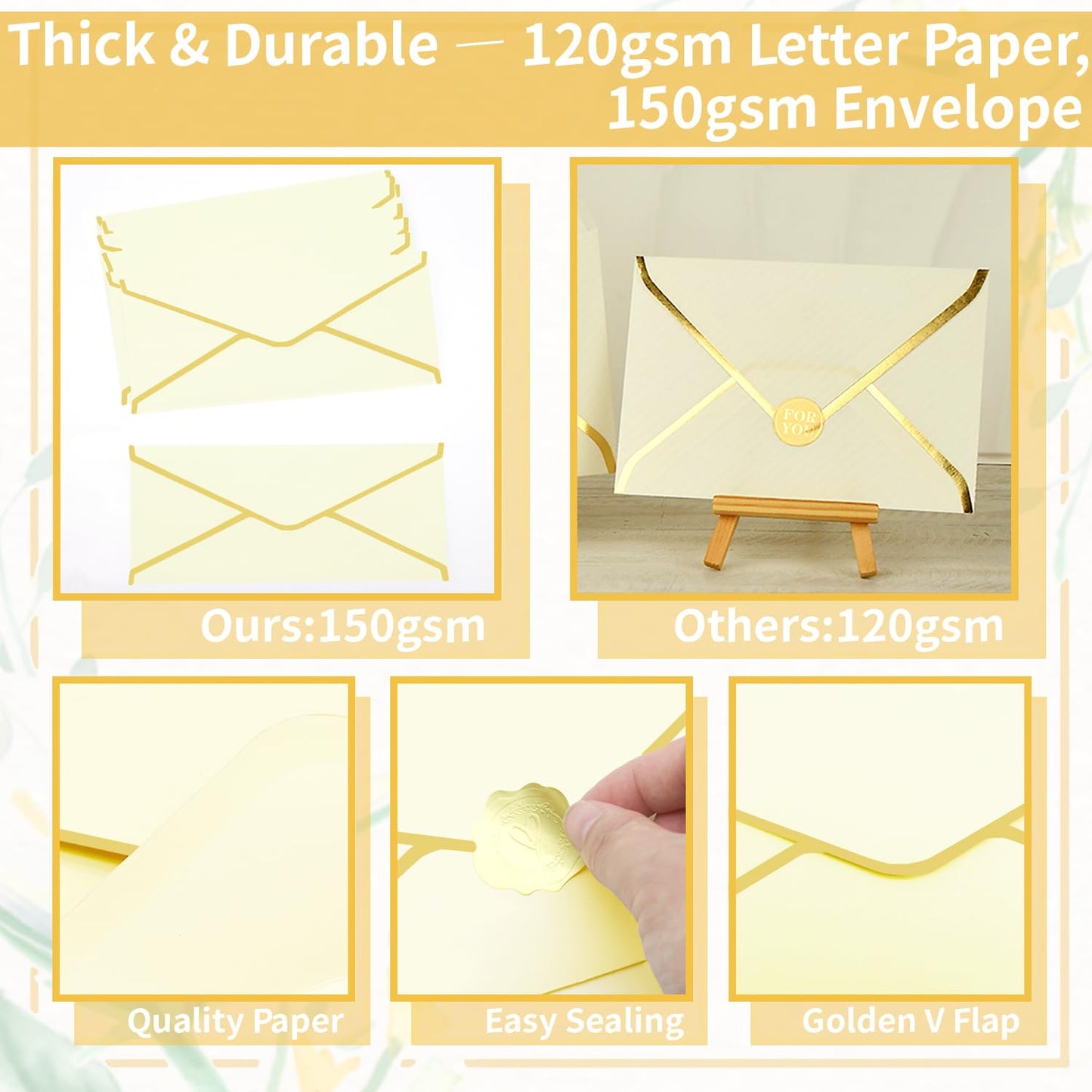 Zooyinfy 30 Pack Stationery Paper Set with Gold Border Including #10 Business Envelopes and 8.5x11 Paper Sheets 30 Gold Stickers for Love Letters and Party Invitations (Cream Color)