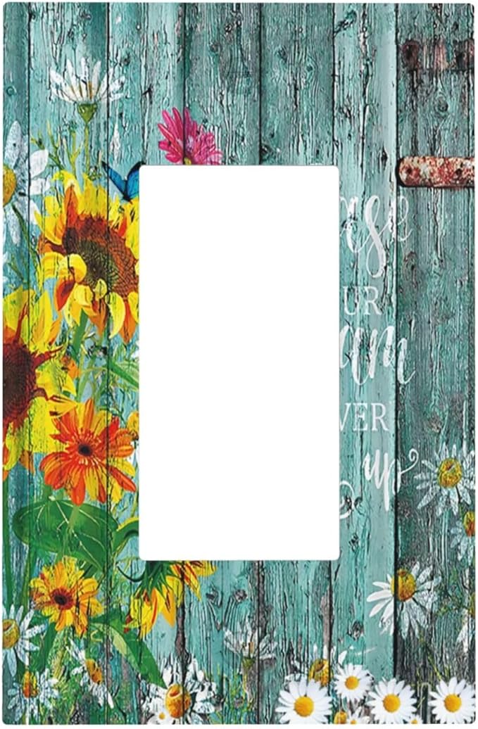Turquoise Rustic Vintage Wood Planks Sunflower Butterfly Single Rocker/Decora Light Switch Plate Decorative 1 Gang Outlet Cover Faceplate GFCI Electrical Receptacle Wallplate Dimmer for Home Decor