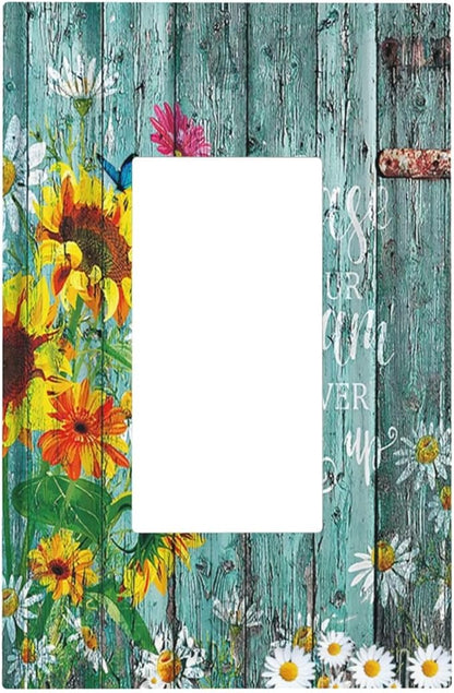 Turquoise Rustic Vintage Wood Planks Sunflower Butterfly Single Rocker/Decora Light Switch Plate Decorative 1 Gang Outlet Cover Faceplate GFCI Electrical Receptacle Wallplate Dimmer for Home Decor