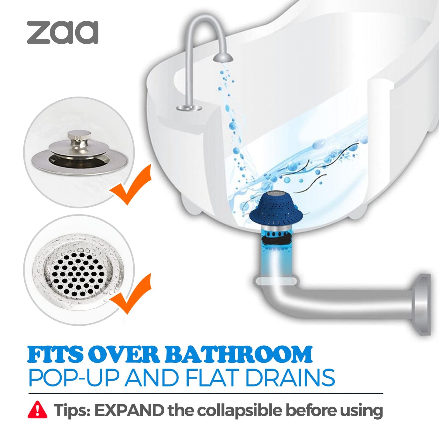 Bathtub Drain Hair Catcher, Silicone Collapsible 1 Pack Drain Protector for Pop-Up and Regular Drains of Shower, Bathtub, Tub, Bathroom, Sink, Dark-Blue