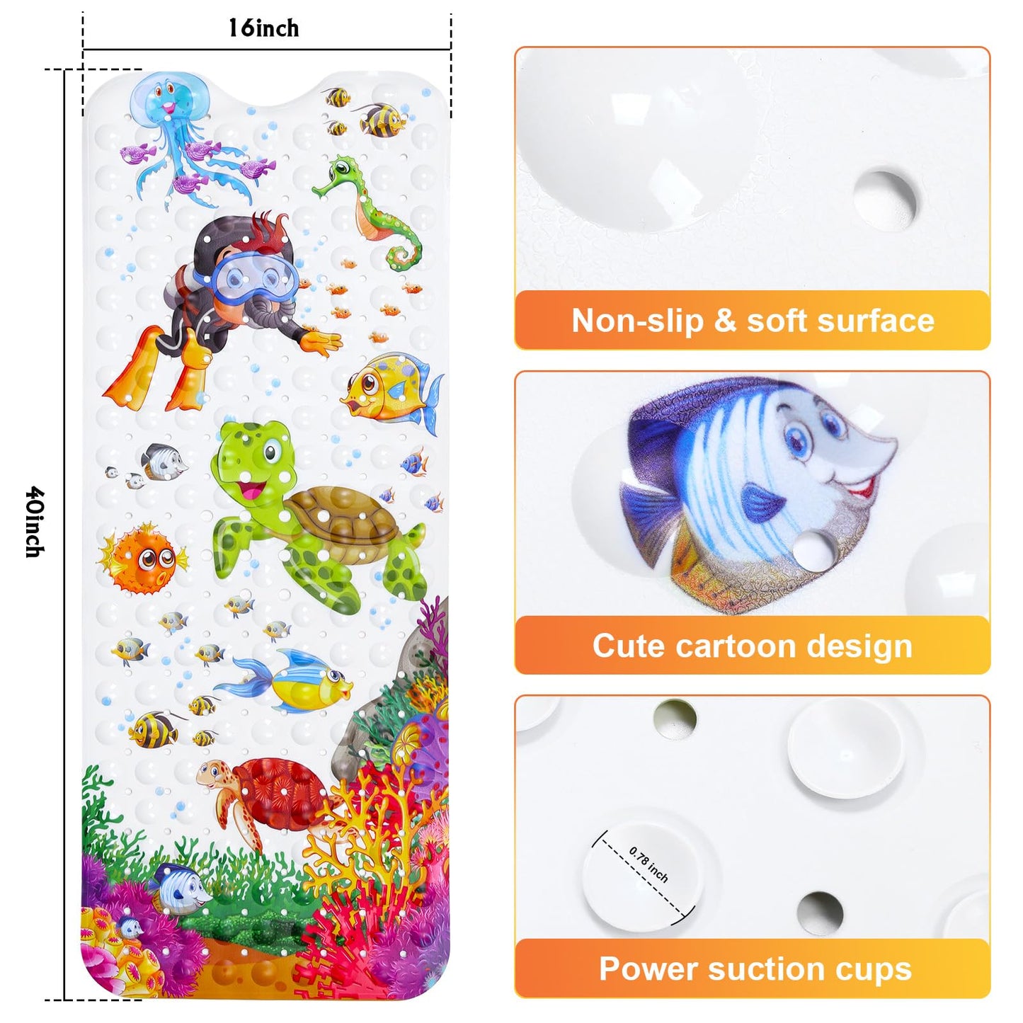 Bath Mat for Tub Non Slip, Machine Washable Anti Slip Cartoon Baby Bathtub Shower Mat with Drain Holes and Suction Cups for Toddler & Kids, 40 Inch x 16 Inch-Rectangular, Turtle