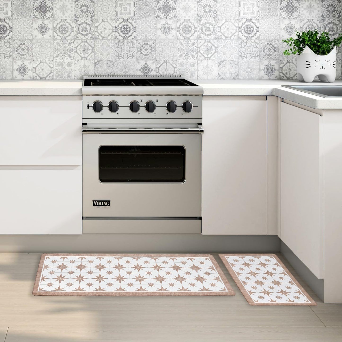 OnesCosy Anti Fatigue Kitchen Mat Set of 2, Beige Kitchen Floor Mat, Cushioned Kitchen Rug, Non Slip Comfort Standing Mat for Floor, Tan Star Tile, 17.3"x27.6"+17.3" x47.2