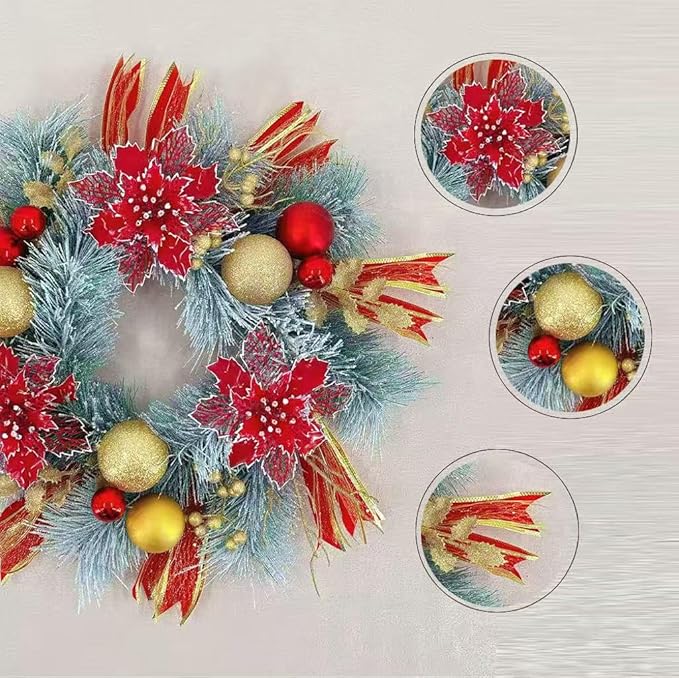 20 Inch Christmas Wreath for Front Door, Artificial Golden Glitter Wreath with Red Poinsettia Flowers Balls Ornaments for Door Wall Window Fireplace Party Decor