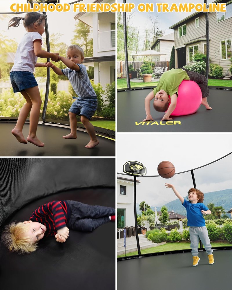 Vitaler Trampoline Outdoor 12FT with Basketball Hoop and Net Enclosure, Recreational Trampolines for Kids and Adults, Outdoor Backyard Trampoline with Anti-Rust Coated Frame, ASTM Approved