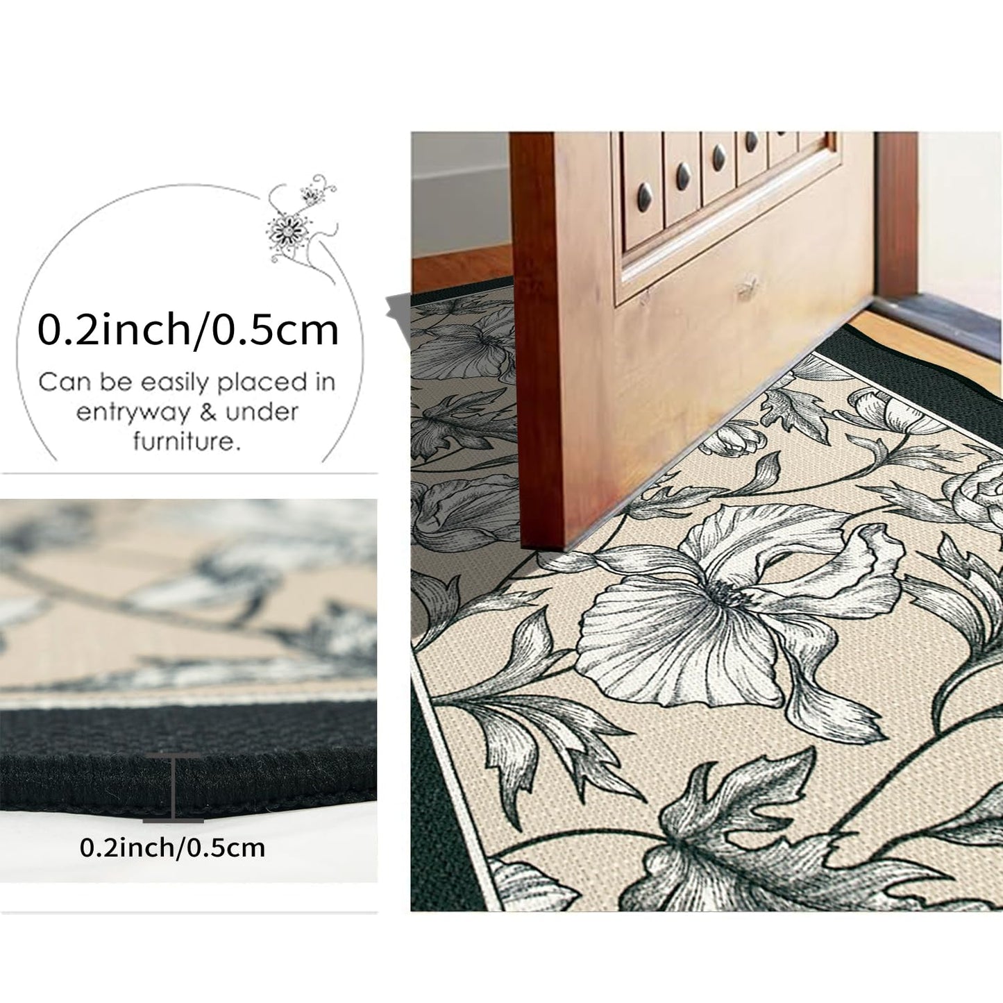 Brevoscht Scalloped Black Kitchen Rug Sets of 2, Non Slip Washable Kitchen Mats for Floor, Floral Comfort Standing Mat for Hallway Sink Laundry Office 16.5x29.5 and 16.5x47 Inch