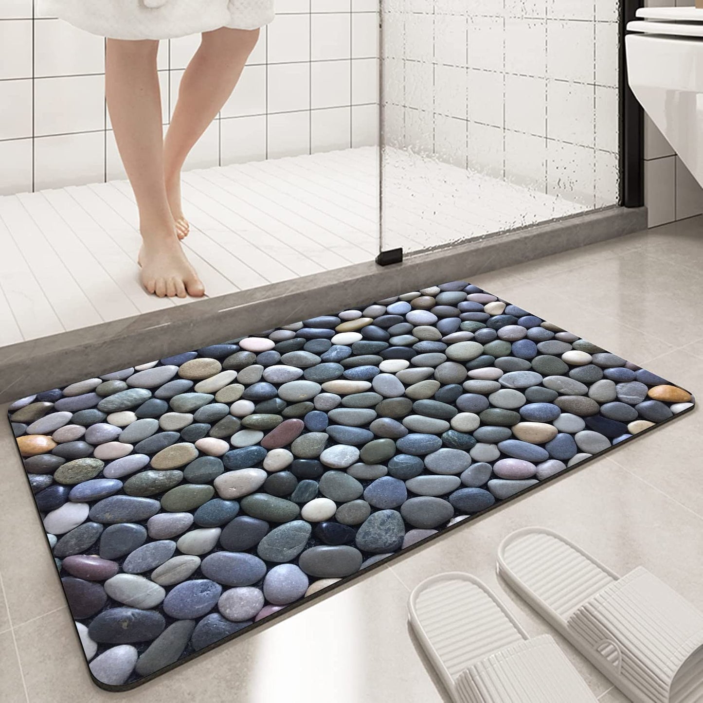 OHTMTHO Cobble Pebble Stone Bath Mat Non Slip Washable Bathroom Rugs for Shower Room Bathtub 16"x24"