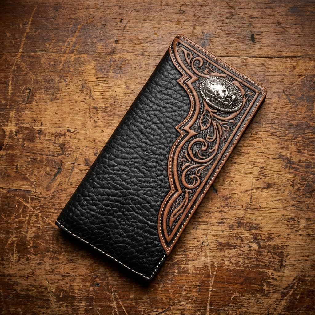 Western Stakes Men's Long Leather Wallet – Western Tooled Bifold Checkbook Organizer with Cowboy Concho (Cowboy Praying, Brown)