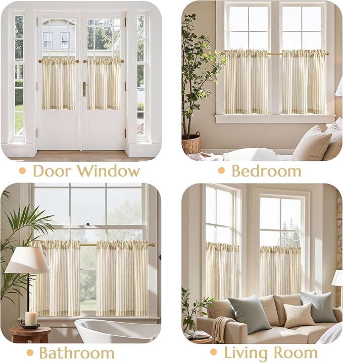 jinchan Striped Linen Kitchen Curtains 24 Inches Length Tier Curtains Farmhouse Modern Cafe Style Small Window Treatments Airy Light Filtering Rod Pocket for Living Room Bathroom 2 Panels Beige