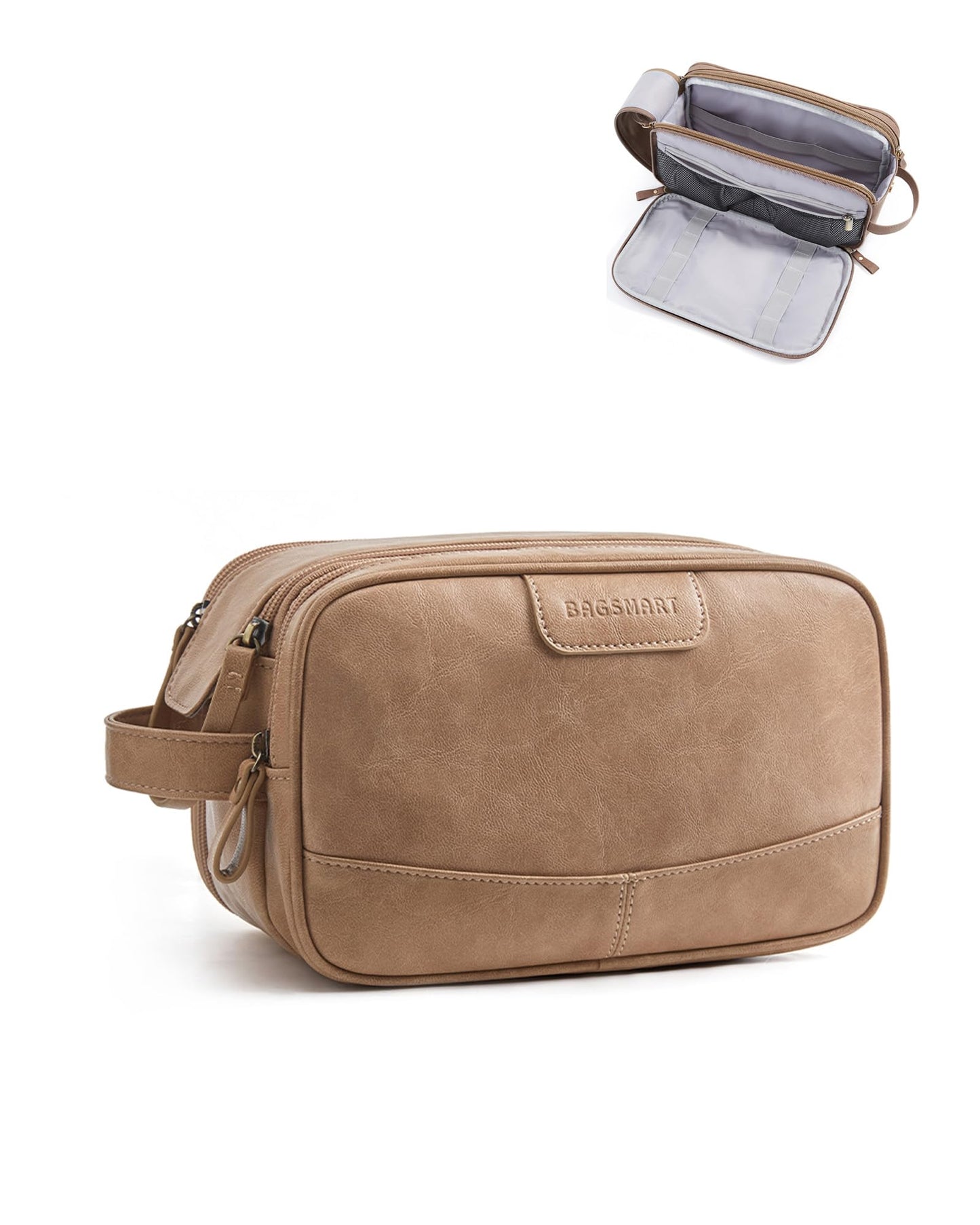 BAGSMART Medium Toiletry Bag for Men, PU Leather Travel Bag for Toiletries, Dopp Kit Water Resistant Shaving Bag for Bathroom Shower-Camel