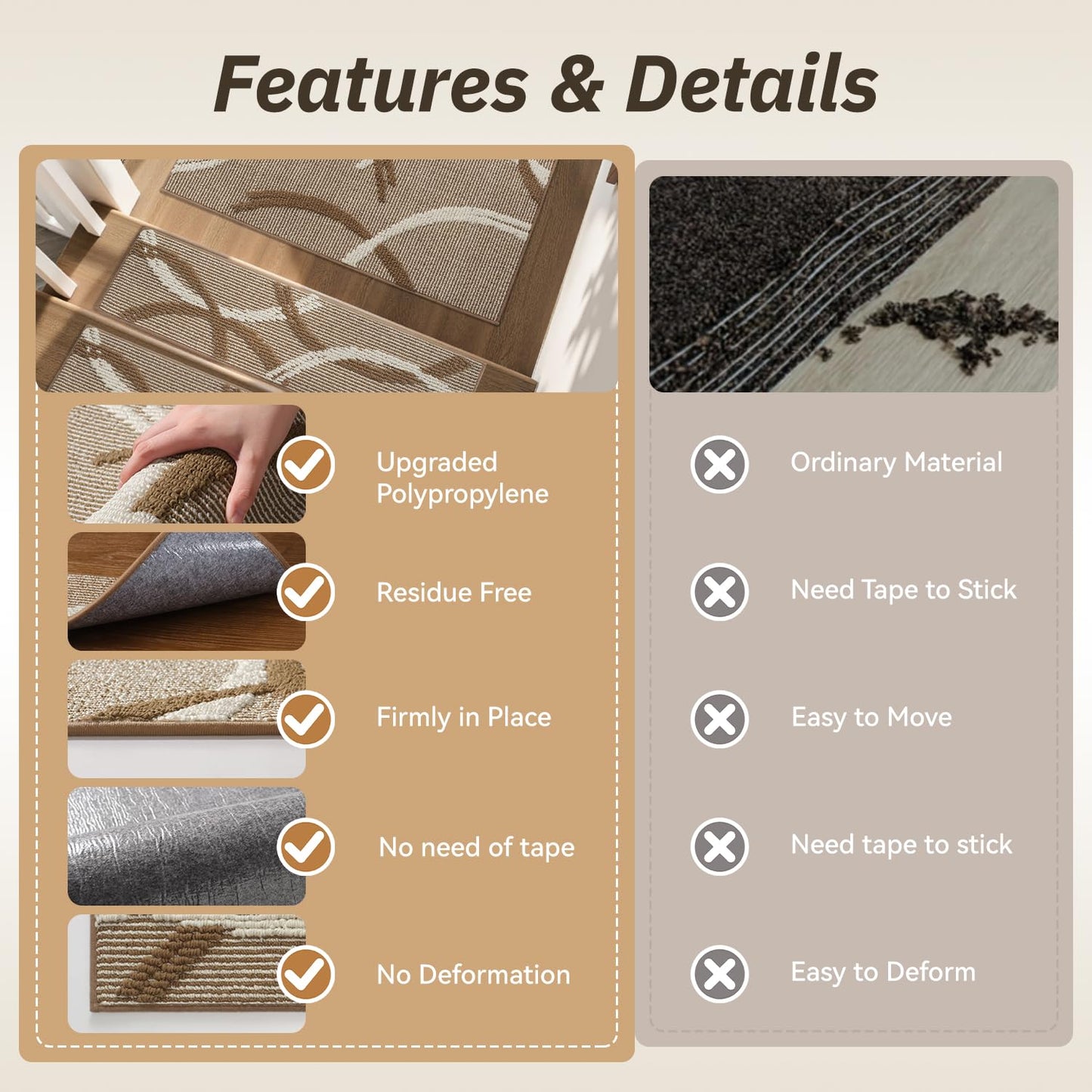 PADOOR Stair Treads Non Slip 15 PCS, 3D Peel and Stick Stair Treads for Wooden Steps Indoor, Residue-Free Adhesive Stair Runner for Kids, Elders & Pets, Washable Carpet for Stairs,8"x30",Brown