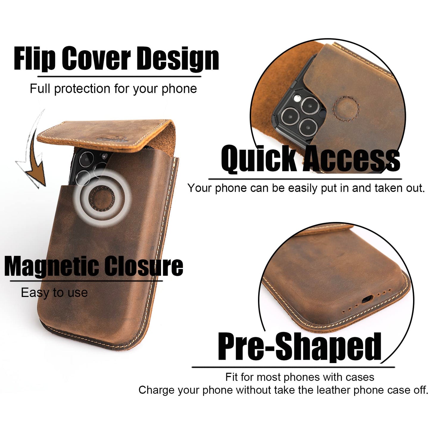 Topstache Leather Phone Holster for Galaxy S25 Plus, S24 Plus - Leather Phone Pouch with Belt Clip for iPhone 17 Pro Max, 17 Air, 16 Pro Max, 16 Plus - Belt Pouch Holder, XL,Darkbrown