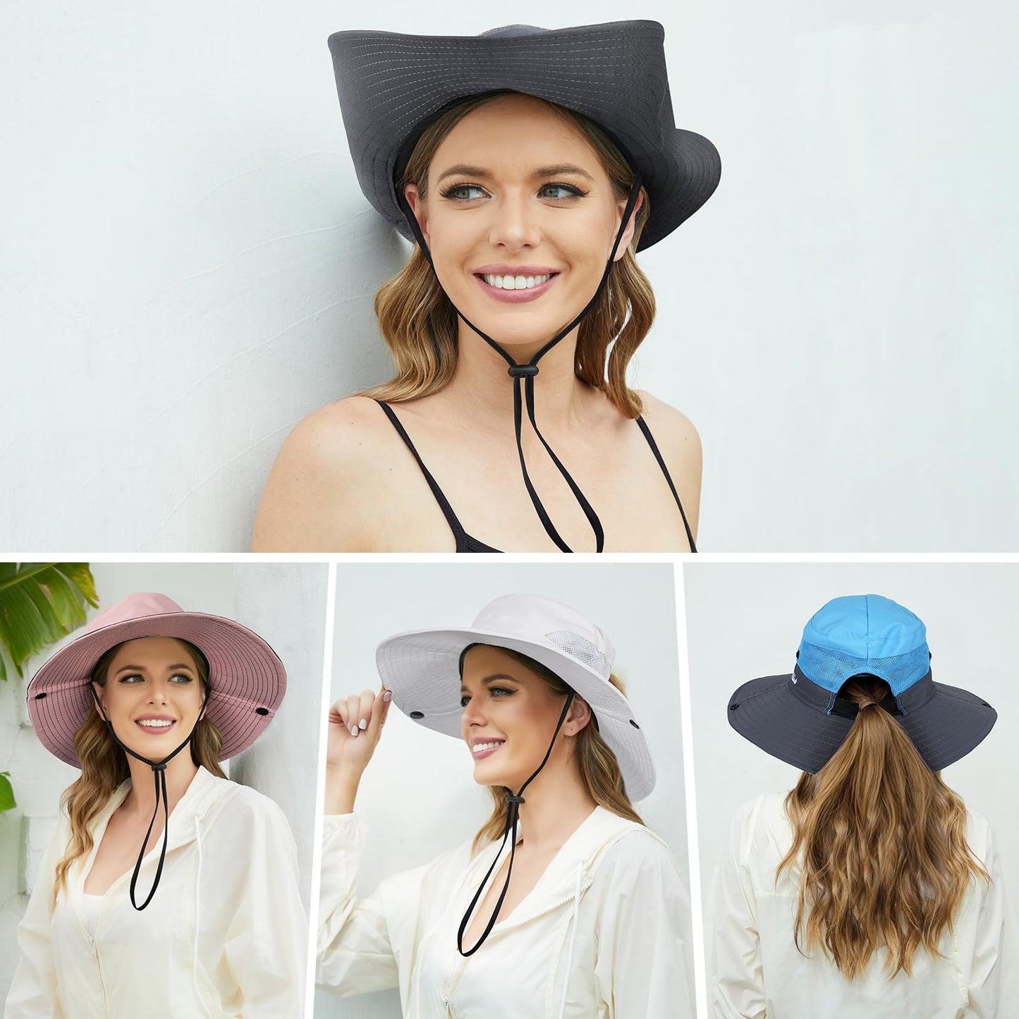 Sun Hats for Women, Wide Brim Beach Bucket Hats with Ponytail Hole, Outdoor UV Protection Foldable Fishing Hat Cooling Mesh Hiking Bucket Hat, Pink