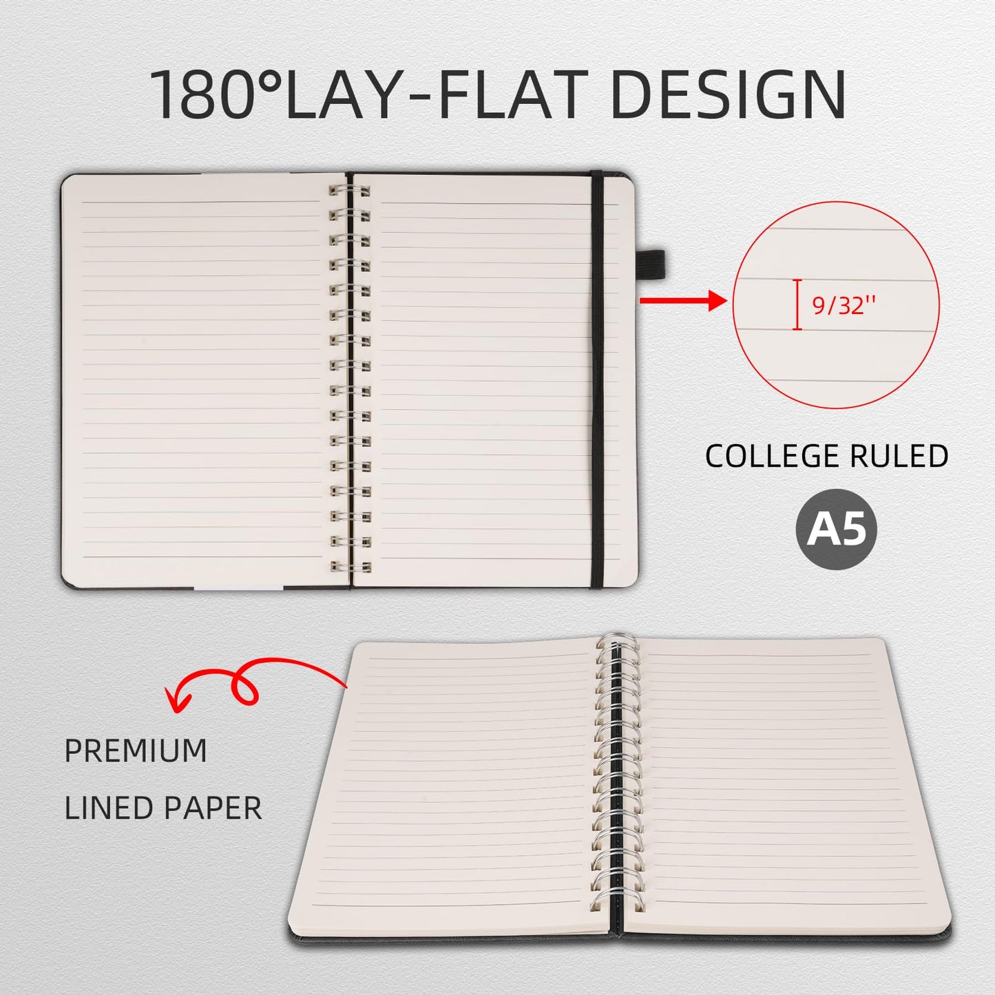 OnMove Spiral Notebooks Journal for Women Men 12 Pack Bulk Leather Hardcover with Pen Holder A5 160 Pages 100 GSM Thick Paper for Work School Lined Gray