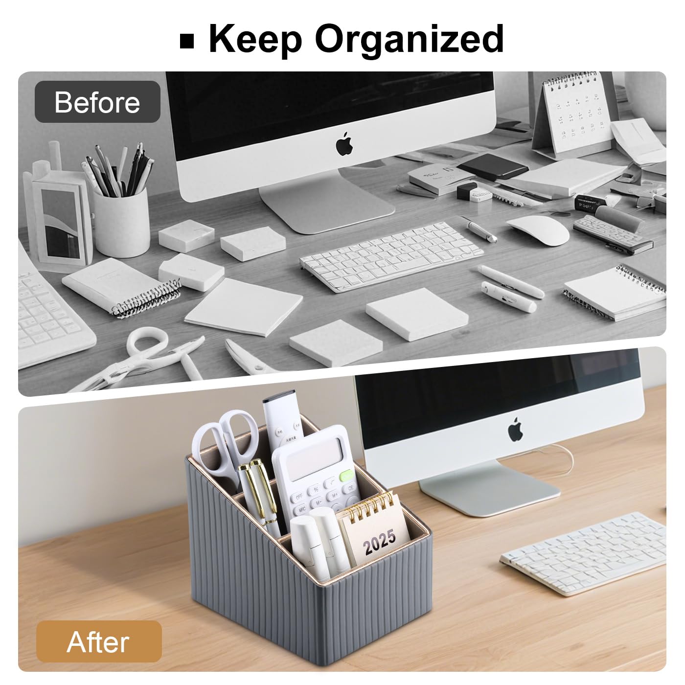 KINGFOM 3 Slot PU Leather Remote Controller Holder, Home Sundries Storage Box, TV Guide/Mail/CD Organizer/Caddy/Holder with Free Cable Desk Organizer (Grey)
