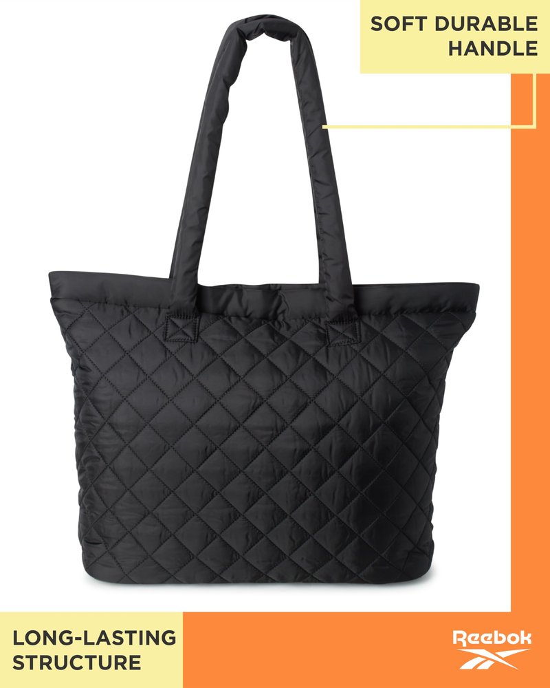 Reebok Womens Tote Bag - Lightweight Carry On Puffer Quilted Tote Bag for Travel Work Travel and Daily Essentials, Size One Size, Barbara Black