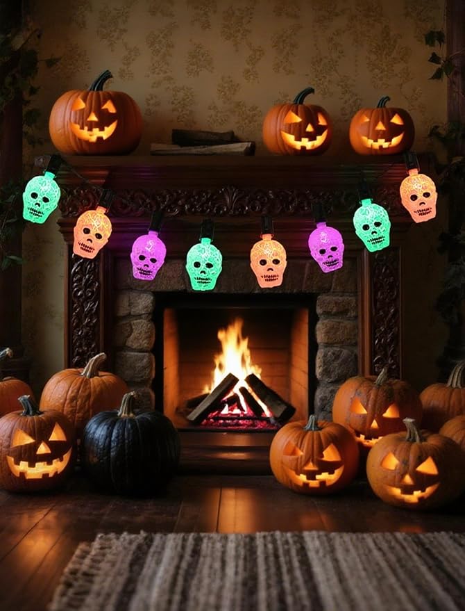 10.5ft Outdoor Skull String Lights, Plug in & Connectable Halloween Decorations with UL Certified Cord, Waterproof for Porch, Yard & Party Decor