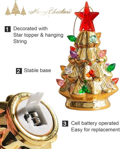 B SEPOR Set of 3 Mini 4.5" Inch Nostalgic LED Ceramic Christmas Tree with Lights Xmas Tree That Light Up Hanging Ornaments White Golden Green Assorted for Holiday Decoration and Gifts