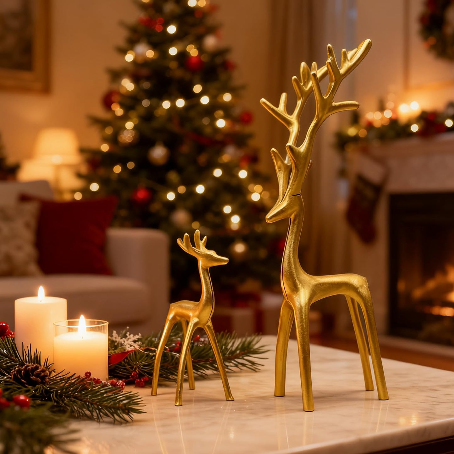 Set of 2 Golden Christmas Decorations Reindeer Statues Modern Aluminum Alloy Xmas Figurines Elegant Christmas Tabletop Ornaments for Mantel Fireplace Living Room Bedroom Home Deco