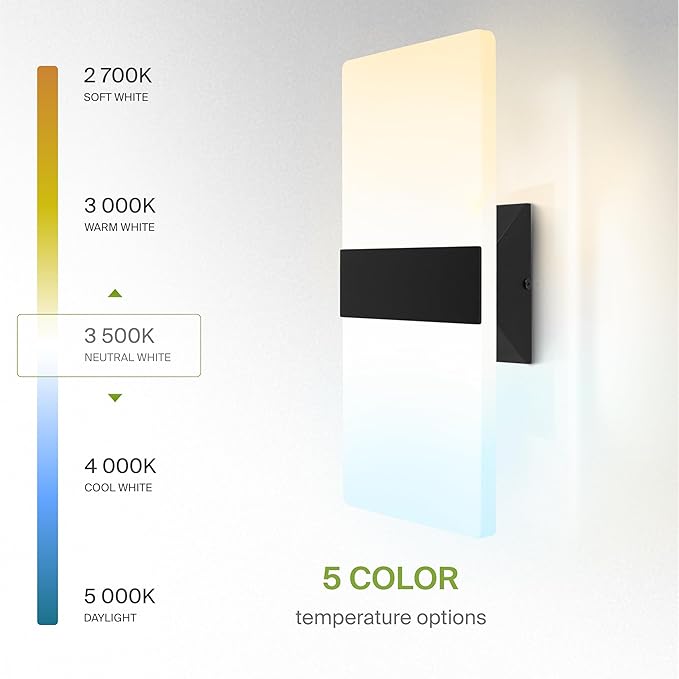 ASD 14 Inch LED Indoor Wall Sconce - Modern Interior 24W 120V 2700K-5000K Adjustable Dimmable Wall Mounted Light Fixtures, Acrylic Glass Wall Lights for Stairway, Hallway - ETL, Matte Black 2 Pack