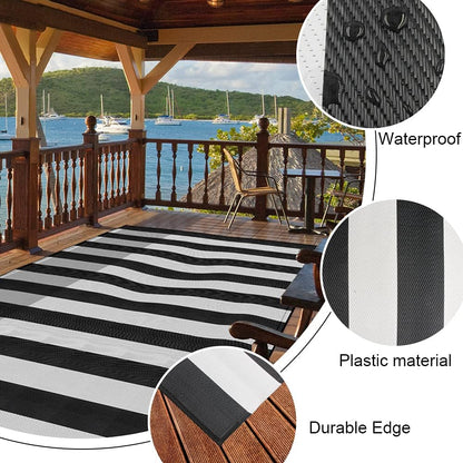 Pcinfuns Plastic Straw Rug,8'x10' Outdoor Waterproof Patio Rugs Foldable Reversible Camping Mat for Rv, Deck, Porch, Picnic, Beach, Balcony,Black & White