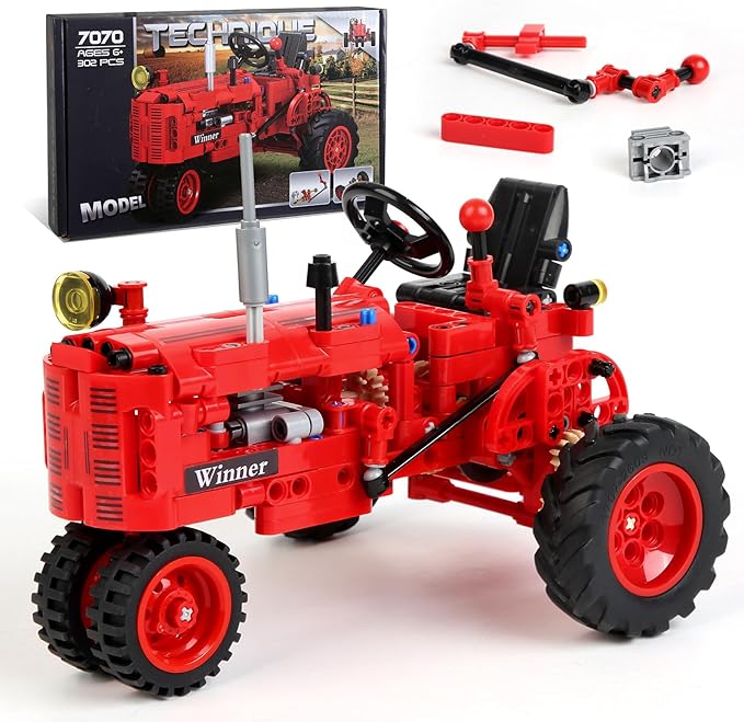 Classic 1/12 Red Tractor Building Blocks SetFarm Tractor Building Kit Toy for Kids Ages 6+STEM Educational Construction Kit for Kids 302 PCS with Shifting &amp Steering &amp Flip Hood Structure