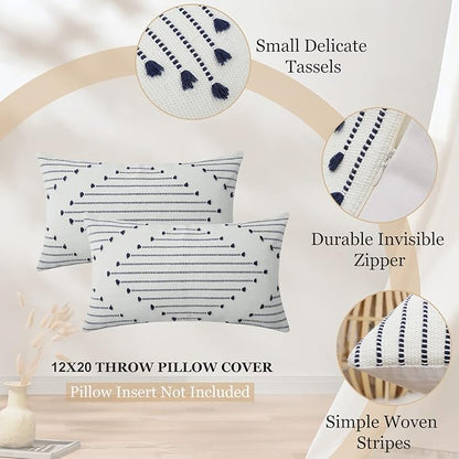 Mecatny Boho Outdoor Throw Pillow Covers 12X20 Set of 2, Farmhouse Lumbar Pillow Covers for Couch Sofa Living Room, Navy & Cream White