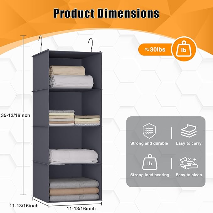 Hanging Closet Organizer, Easy Mount Foldable 4-Shelf Hanging Closet Wardrobe