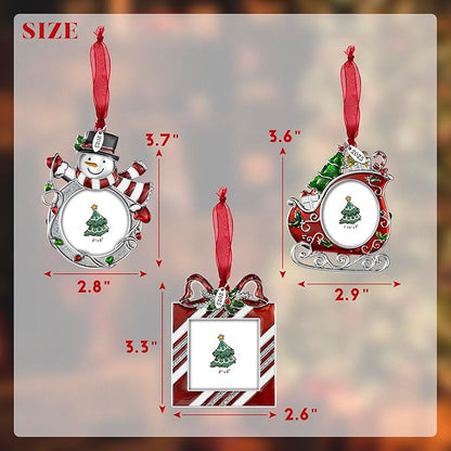 2025 Christmas Tree Ornaments 3 Piece Picture Frame Hanging Ornament Decorative Holiday Keepsake Gift Sleigh Snowman Pendant with 2” Photo Insert for Picture of Pets,Family (Christmas Set)
