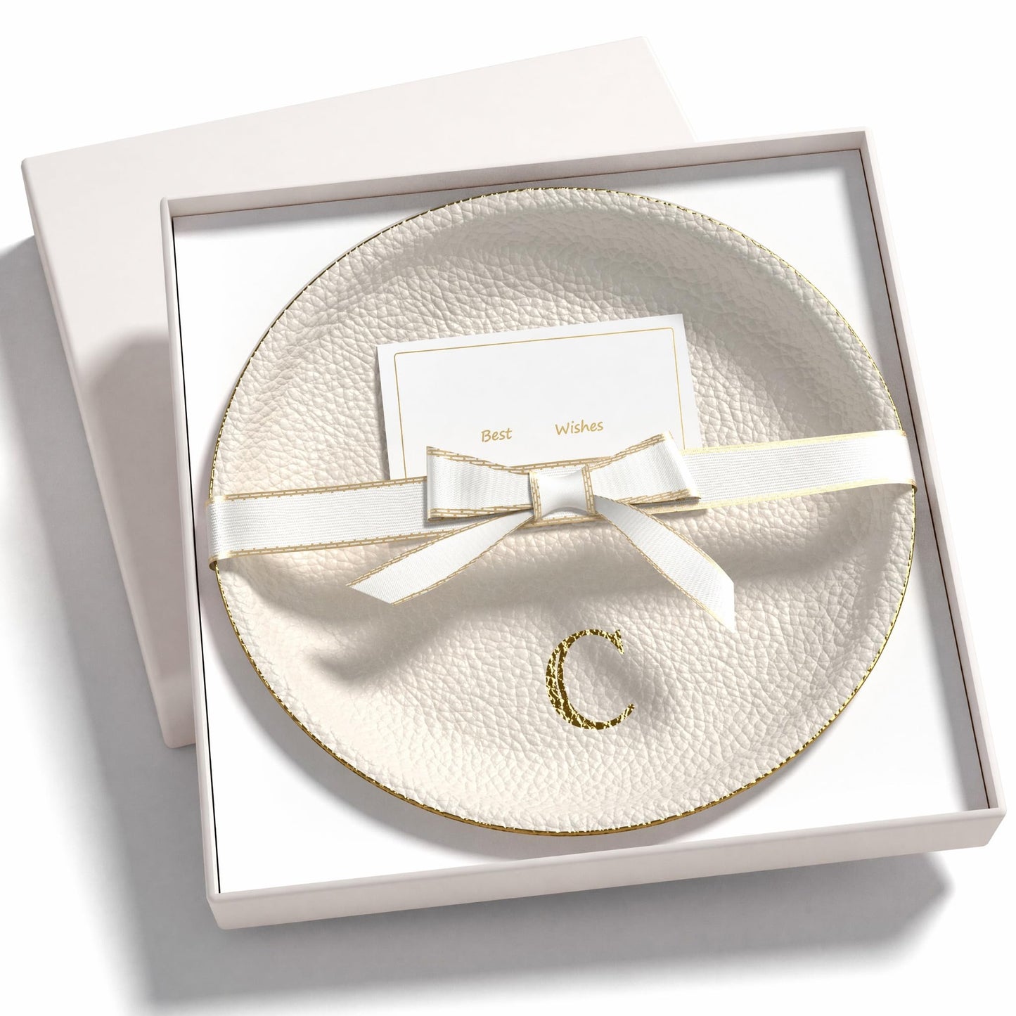 AUTYANL Initial Jewelry Dish for Women, Shatterproof Vegan Leather Ring Holder with Stainless Steel Core, Personalized Monogram Trinket Tray, Birthday Bridesmaid Gift with Box (Cream Letter C)