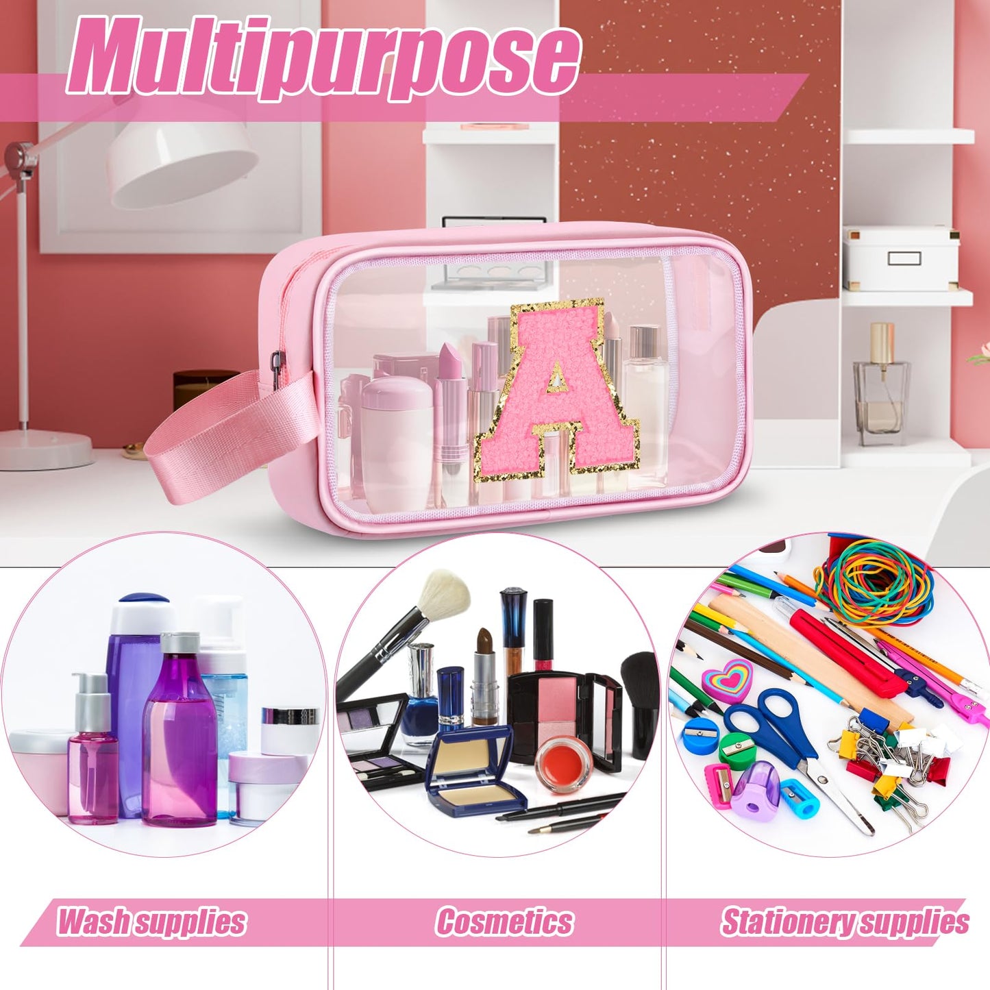 Vodolo Initial Makeup Bag,Letter A Cute Clear Monogrammed Cosmetic Travel Bag for Womens Girls,Personalized Pink Aesthetic Traveling Make Up Organizer Bag for Beach,Waterproof Toiletry Bag