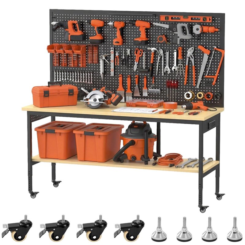 60" Adjustable Height Workbench,9-Level Heavy Duty Work Table with Storage Shelf Pegboard LED Light & Built-in Power Strip, 2010 lbs Load Capacity Rolling Tool Bench for Garage Workshop