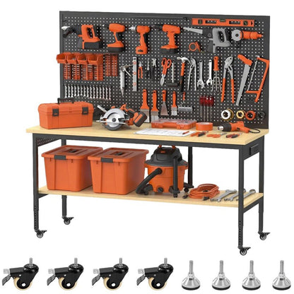 60" Adjustable Height Workbench,9-Level Heavy Duty Work Table with Storage Shelf Pegboard LED Light & Built-in Power Strip, 2010 lbs Load Capacity Rolling Tool Bench for Garage Workshop